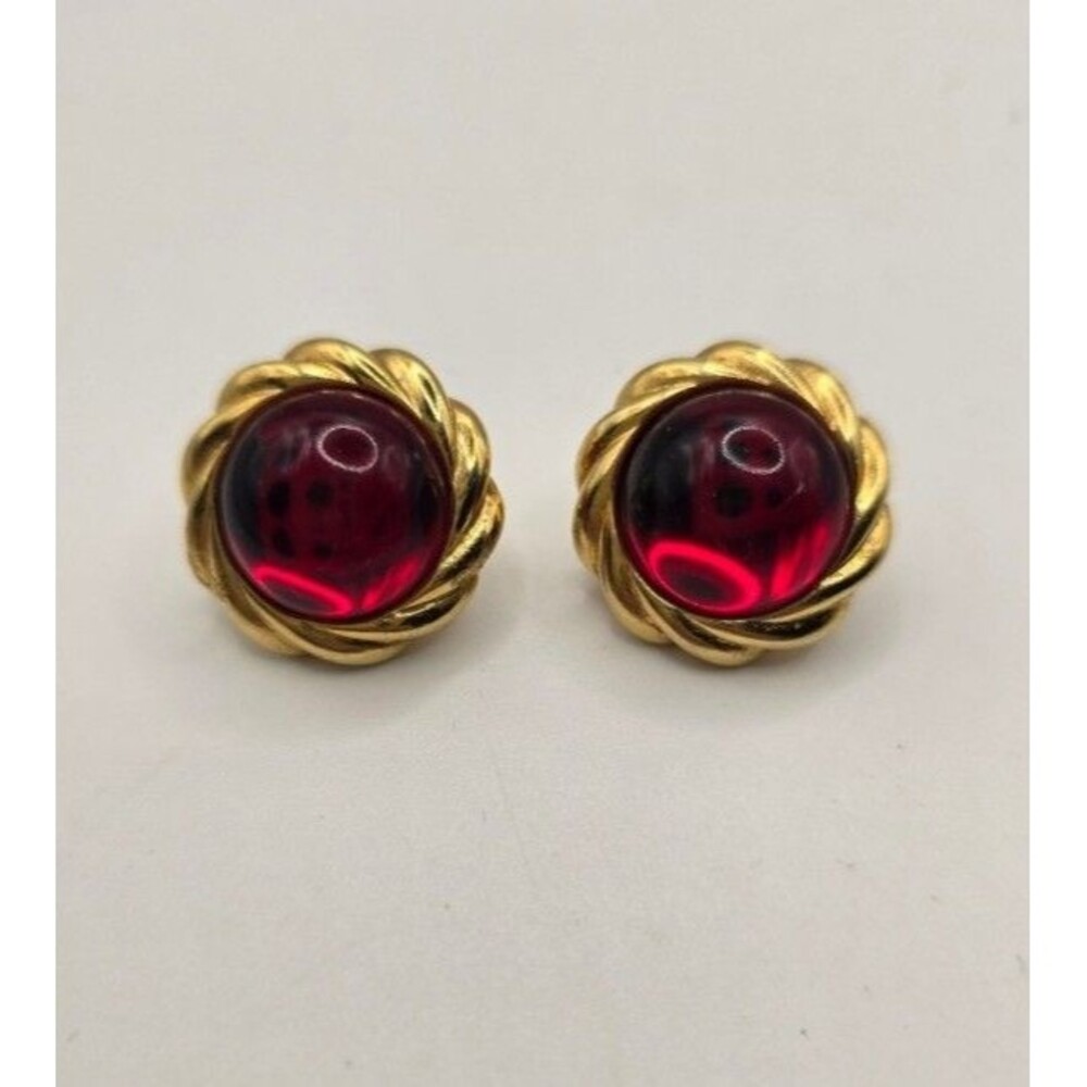 Vintage KJL KENNETH LANE Red Cabochon Cab Gold Tone Stud Earrings